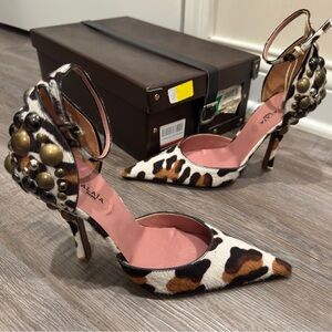 Alaia Leopard Print Pony Hair Studded Point Toe Heels